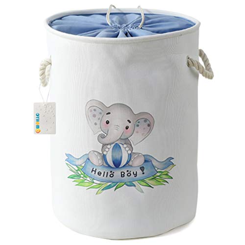 OYHOMO Wäschekorb Faltbare Aufbewahrungskorb Stoff Wäschesammler Große Runde Aufbewahrungsbox Kinderzimmer Tier Spielzeugkiste mit Kordelzug - Blau Elefant von OYHOMO