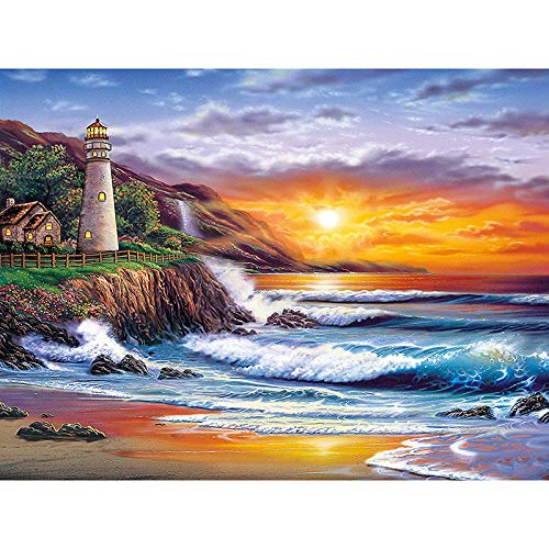 OYIFTJ 5D DIY Diamant Painting Bilder groß Leuchtturm am Meer Sonnenuntergang 5D Diamond Painting kit mit Werkzeuge DIY Diamant Malerei Crystal Rhinestone Embroidery für Erwachsene Kinder 40x50cm von OYIFTJ