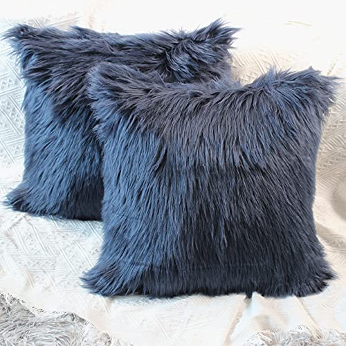 OYIMUA 2 Pcs Weicher Zierkissenbezüge Deko Kissen Schaffell Lammfell Kunstfell Langhaar Zierkissen Kissenbezug Fellimitat Sofakissen Cuddly Kissen (Navy blau, 50 x 50 cm) von OYIMUA