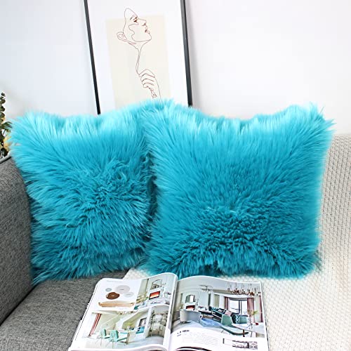 OYIMUA 2 Pcs Weicher Zierkissenbezüge Deko Kissen Schaffell Lammfell Kunstfell Langhaar Zierkissen Kissenbezug Fellimitat Sofakissen Cuddly Kissen (Petrol, 45 x 45 cm) von OYIMUA