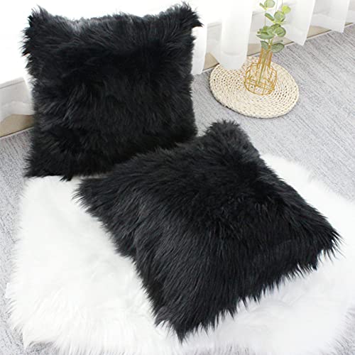 OYIMUA 2 Pcs Weicher Zierkissenbezüge Deko Kissen Schaffell Lammfell Kunstfell Langhaar Zierkissen Kissenbezug Fellimitat Sofakissen Cuddly Kissen (Schwarz, 40 x 40 cm) von OYIMUA