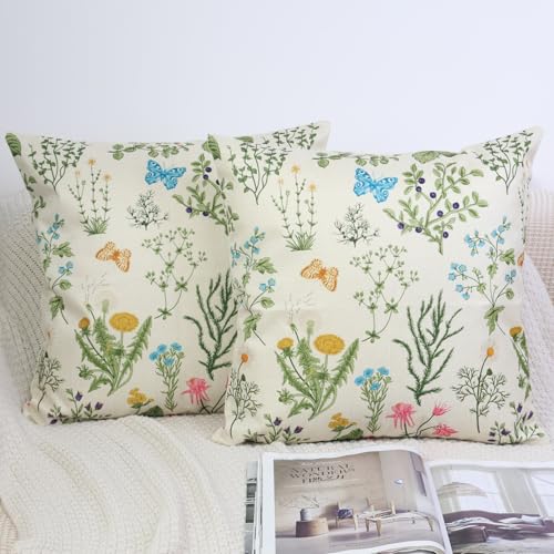 OYIMUA 2er Set Kissenbezug 45x45 Leinen Florales Dekokissen Quadratisch Sofakissen Grün Kissen Outdoor Garten Kissenbezüge von OYIMUA