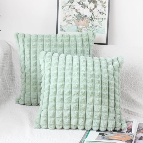 OYIMUA Salbei Grün Kissenbezug 40x40 2er Set Flauschig Kuschelkissen Plüsch Kissenbezüge Dekokissen Weich Pelz Kissenhülle Luxus Sofakissen Quadratisch Deko Kissen von OYIMUA