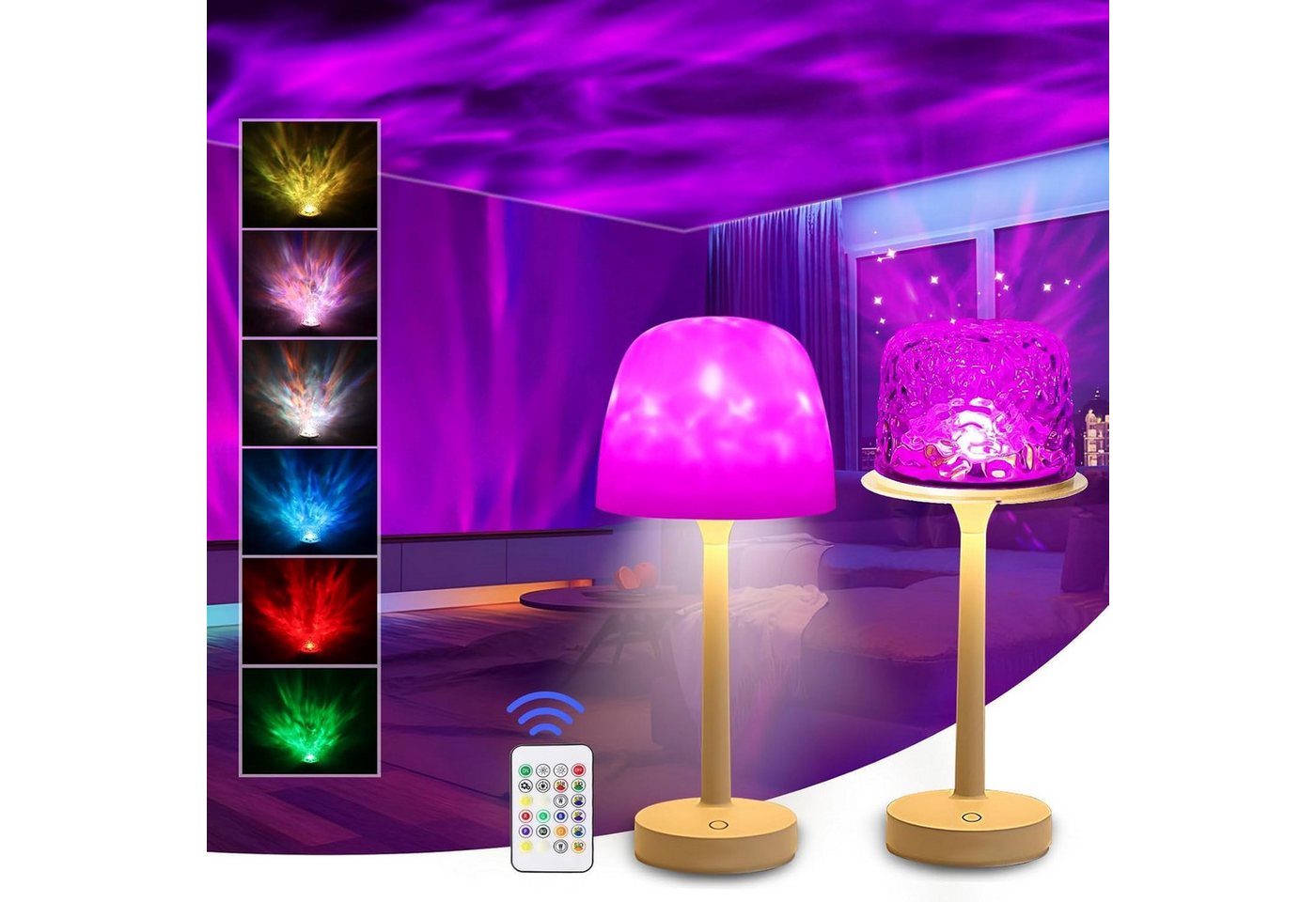 OYLCDI LED Nachttischlampe Akku-Betriebene Ozean-Wellenlampe,16 Farben, dimmbar (inkl. Fernbedienung & Touch-Control), Sternenhimmel-Projektor, mit abnehmbarem mattiertem Lampenschirm, LED Tischlampe Kabellos, LED Schreibtischlampe, für Schlafzimmer & Wohnzimmer & Bar von OYLCDI