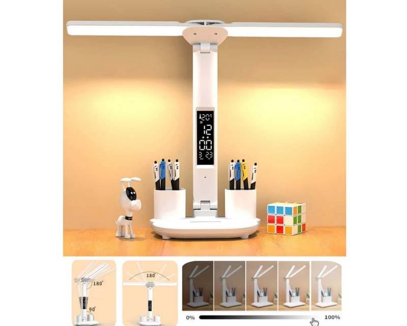 OYLCDI LED Schreibtischlampe LED Doppelkopf Dimmbare Tischleuchte mit Stifthalter 360° Schwenkbare, LED fest integriert, Warmweiß (3000K), Naturweiß (4500K), Kaltweiß (6000K), Touch-Steuerung, tragbar, faltbar,Augenschutz, Nachttischlampe von OYLCDI