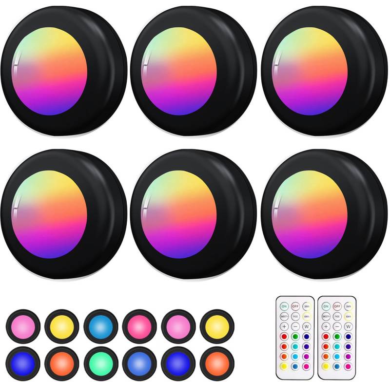 OYLCDI Unterschrankleuchte 3/6/9/12 Stück Batteriebetrieben LED RGB Spots mit Fernbedienung, 13 Farbwechsel Kabellos Vitrinenbeleuchtung, Küche LED Lampe zum Kleben Schranklicht, Dimmbar Unterbauleuchte, Nachtlicht mit Fernbedienung und Timing-Funktion von OYLCDI