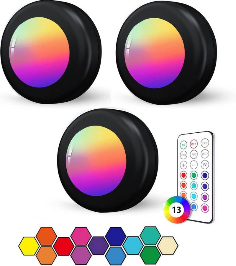 OYLCDI Unterschrankleuchte 3 Stück Batteriebetrieben LED RGB Spots mit Fernbedienung, 13 Farbwechsel Kabellos Vitrinenbeleuchtung, Küche LED Lampe zum Kleben Schranklicht, Dimmbar Unterbauleuchte von OYLCDI