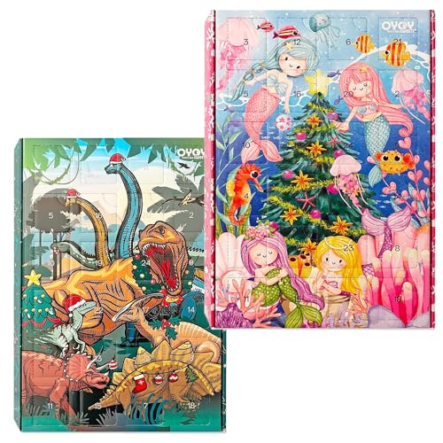 2er Set OYOY Adventskalender zum Befüllen Dino und Meerjungfrau Design I 41.5x28x5 cm I Fächermaß 7x6cm I Adventskalender selber befüllen mit 24 Fächern zum individuellen befüllen von OYOY