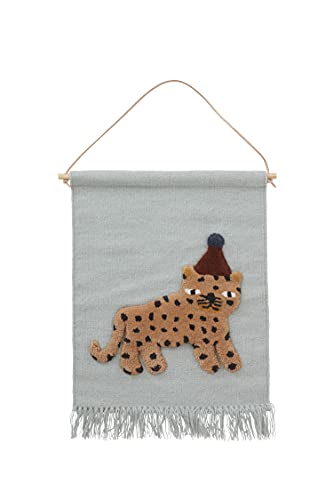OYOY Mini Leopard Wallhanger in Blau - Kinderzimmer Deko Wandteppich für Kinder aus Wolle/Baumwolle mit Lederschnur - L69 x W50 cm - M107046 von OYOY