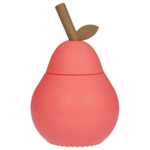 OYOY Mini Trinkbecher Silikon mit Deckel und Strohhalm für Kinder - Pear Cup Rot - Trinklernbecher in Birnen Form - L:8,5 x B:8,5 x H:13,5 cm - M107436 von OYOY