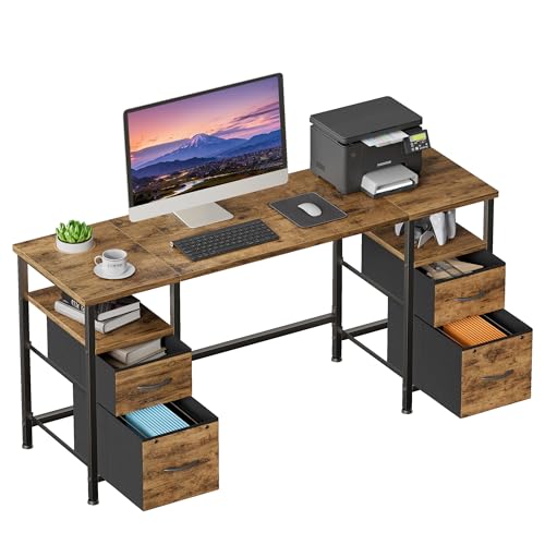 120x48cm Schreibtisch mit 4 Stoff Schubladen Stauraum, Computertisch Bürotisch Computer Office Desk, Büro Gaming Tisch Arbeitstisch PC Study Table, Konferenztisch, Industrial Holz von OYRREU