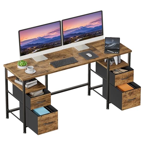 160x48cm Schreibtisch mit 4 Stoff Schubladen Stauraum, Computertisch Bürotisch Computer Office Desk, Büro Gaming Tisch Arbeitstisch PC Study Table, Konferenztisch, Industrial Holz von OYRREU