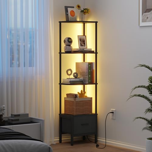 OYRREU Bücherregal mit 4 Ebenen, Regal mit LED-Beleuchtung und Stoffschublade, 147 cm schmales vitrine für Ecken, Wohnzimmer, Schlafzimmer, Eckregal, Schwarz von OYRREU