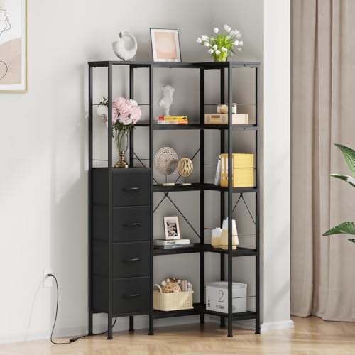 OYRREU 5 Ebenen Eckregal Stehend mit LED-Beleuchtung und 4 Schubladen, Regal, Bücherregal, küchenregal, Regale, Eckschrank, für Wohnzimmer Schlafzimmer Büro Küche, Schwarz OYRREU 5 Ebenen Eckregal Stehend mit LED-Beleuchtung und 4 Schubladen, Regal, Bücherregal, küchenregal, Regale, Eckschrank, für Wohnzimmer Schlafzimmer Büro Küche, Schwarz von OYRREU