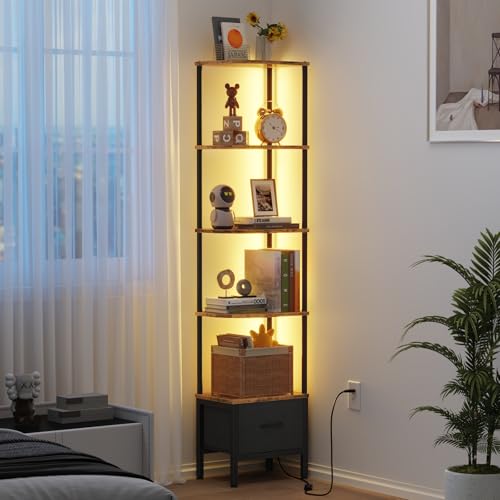 OYRREU 5-Fach Eck-Bücherregal mit Stoffschublade und LED-Beleuchtung, 67 Zoll schmales Regal für Ecken, Vitrine, Retro-Braun OYRREU 5-Fach Eck-Bücherregal mit Stoffschublade und LED-Beleuchtung, 67 Zoll schmales Regal für Ecken, Vitrine, Retro-Braun von OYRREU
