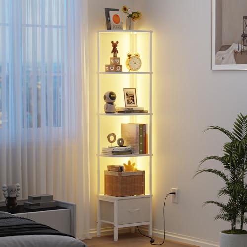 OYRREU Bücherregal mit 5 Ebenen, Regal mit LED-Beleuchtung und Stoffschublade, 172 cm schmales vitrine für Ecken, Wohnzimmer, Schlafzimmer, Eckregal, Weiß von OYRREU