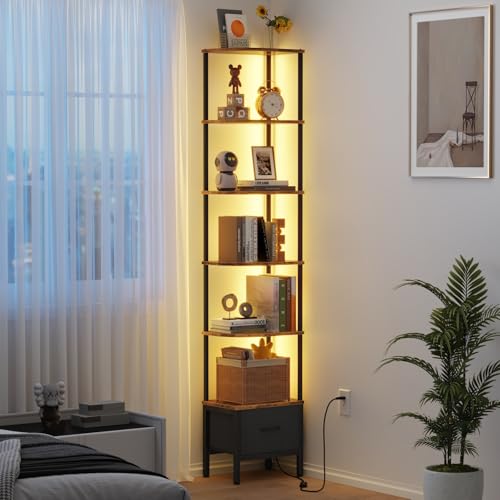 OYRREU 6-Fach Eck-Bücherregal mit Stoffschublade und LED-Beleuchtung, 75 Zoll schmales Regal für Ecken, Vitrine, Retro-Braun OYRREU 6-Fach Eck-Bücherregal mit Stoffschublade und LED-Beleuchtung, 75 Zoll schmales Regal für Ecken, Vitrine, Retro-Braun von OYRREU