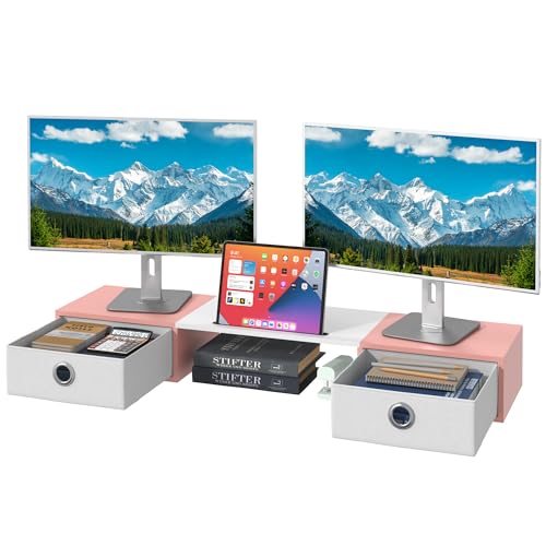 OYRREU BildschirmerhöHung 2 Monitore, 92cm Monitorständer mit Schublade, Monitor Erhöhung Schreibtisch Monitor Stand Holz Monitor Riser TV PC Ständer MonitorerhöHung 2 Monitore (Weiß&Rosa) von OYRREU
