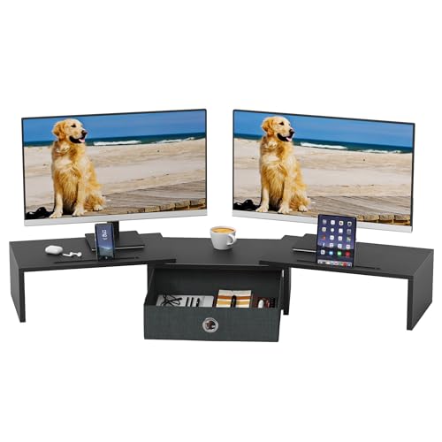 OYRREU Monitor ErhöHung Schreibtisch, Monitorständer mit Schublade BildschirmerhöHung 2 Monitore Monitor Ständer Holz, Monitor Riser TV PC Monitor Stand(Schwarz, 99 x 23,6 x 15,5 cm) von OYRREU