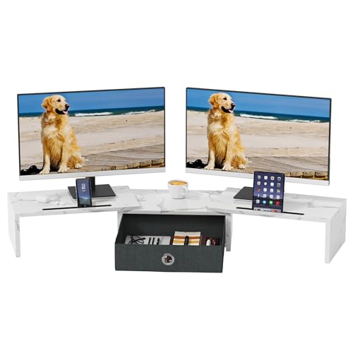 OYRREU Monitor ErhöHung Schreibtisch, Monitorständer mit Schublade BildschirmerhöHung 2 Monitore Monitor Ständer Holz, Monitor Riser TV PC Monitor Stand(Weiß, 99 x 23,6 x 15,5 cm) von OYRREU