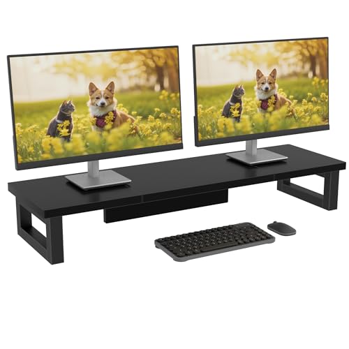 OYRREU Bildschirmerhöhung 2 Monitore, 91x26cm Monitor Erhöhung Schreibtisch Monitorständer Schwarz Computer Monitor Stand, Monitor Riser TV PC Bildschirm Computer Ständer von OYRREU