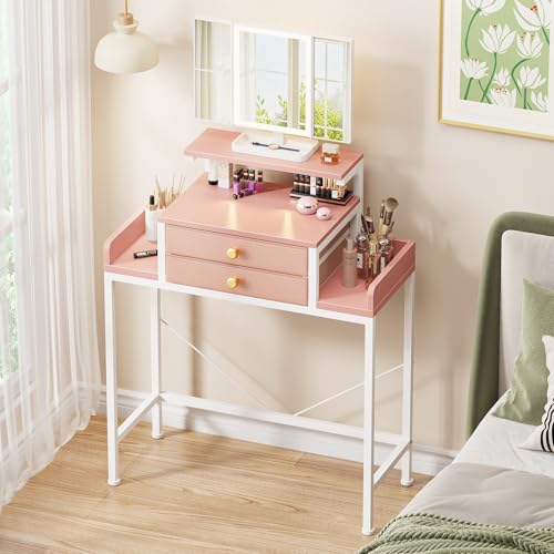 OYRREU Schminktisch mit LED Beleuchtung und Spiegel, Kleiner Kosmetiktisch mit 2 Stoffschubladen, Einstellbare Helligkeit und Farbtemperatur, Makeup Vanity Table Dressing Table (70x31.5 cm, Rosa) von OYRREU