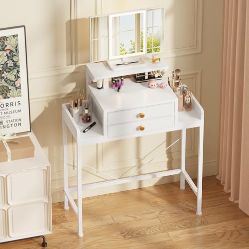 OYRREU Schminktisch mit LED Beleuchtung und Spiegel, Kleiner Kosmetiktisch mit 2 Stoffschubladen, Einstellbare Helligkeit und Farbtemperatur, Makeup Vanity Table Dressing Table (70x31.5 cm, weiß) von OYRREU
