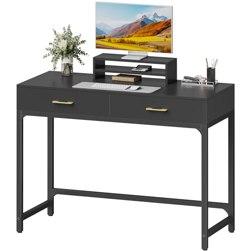 Schreibstisch mit 2 Holz Schubladen und Monitorständer, Schwarzer Schreibstisch 100cm für Home Office und Arbeit, 100x45x75 cm von OYRREU