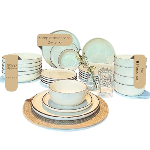 BAVARY Tafelservice 24-teilig, Geschirrset Beige für 6 Personen – Essteller, Suppenteller, Dessertteller & Schalen – Modernes Service für Tisch, Küche & Haushalt – Mikrowellen- & Spülmaschinengeeignet von OZ HOME