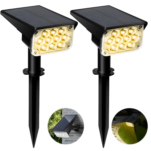 OZAVO Solarlampen für Außen, Gartenleuchte 3000K Warmweiß LED Solar Strahler Außen, IP65 Wasserdicht Solarleuchten, 2 Helligkeitsmodi 2 Montage Solarstrahler für Garten Weg, 2er Pack von OZAVO