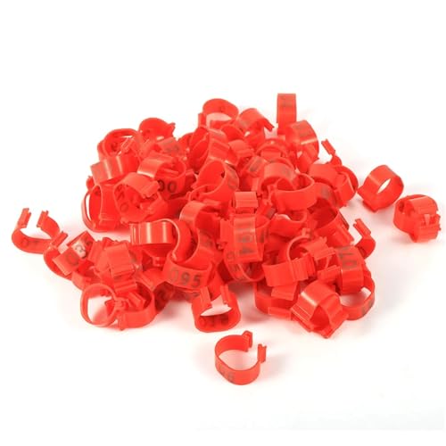 100 Stück 5 Farben Hühner-/Entenbeinringe Gänse-Tieridentifikationswerkzeug 16 mm Fuß Blankoetikett Schnallen Band Clip-On Ringe(Red) von OZLCUA