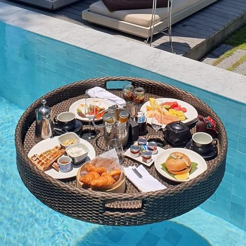 Schwimmendes Korbtablett, Pooltablett Mit Aluminiumrahmen, Schwimmendes Serviertablett FüR GeträNke, Snacks Und Wichtige Dinge, Perfekt FüR Poolpartys Und Zum Entspannen von OZMDXKJ