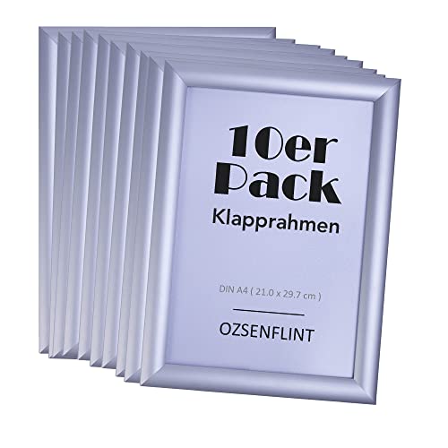 OZSENFLINT 10 Stück Klapprahmen DIN A4 (21x29,7 cm) Aluminium Silber - Höhenverstellbarer Plakatrahmen mit 25mm Gehrungsecken & Wechselsystem für Poster, Fotos 10er Sparpack von OZSENFLINT