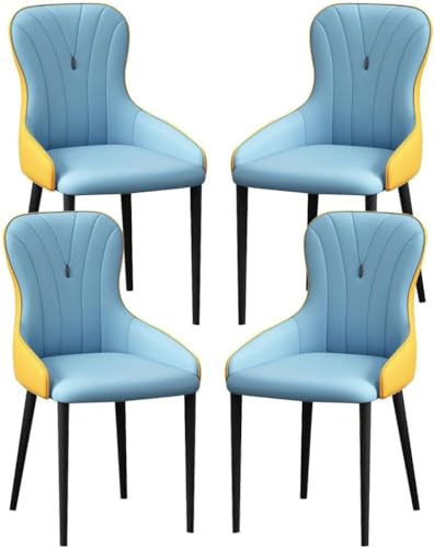 OZSSLJJ Küchen-Beistellstuhl, 4-teiliges Set, moderner Küchen-Esszimmerstuhl, Nappaleder, hohe Rückenlehne, gepolsterter weicher Sitz, Arbeitszimmer-Loungesessel(Blue+Yellow,All Black Legs) von OZSSLJJ