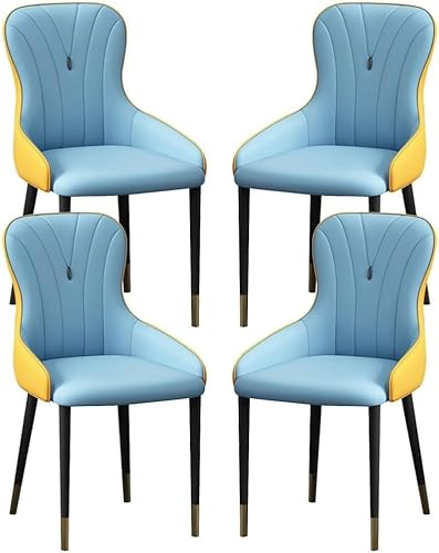 OZSSLJJ Küchen-Beistellstuhl, 4-teiliges Set, moderner Küchen-Esszimmerstuhl, Nappaleder, hohe Rückenlehne, gepolsterter weicher Sitz, Arbeitszimmer-Loungesessel(Blue+Yellow,Black Gold Legs) von OZSSLJJ