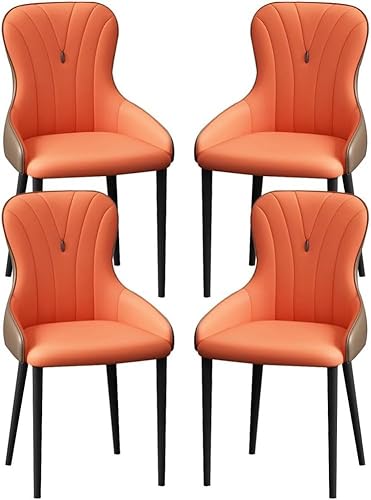 OZSSLJJ Küchen-Beistellstuhl, 4-teiliges Set, moderner Küchen-Esszimmerstuhl, Nappaleder, hohe Rückenlehne, gepolsterter weicher Sitz, Arbeitszimmer-Loungesessel(Orange+Coffee,All Black Legs) von OZSSLJJ