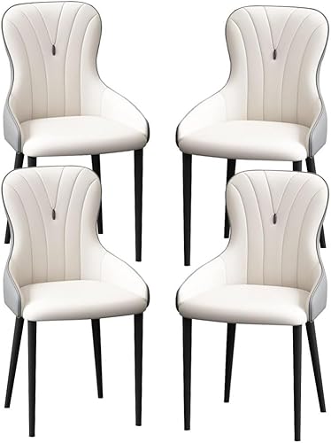 OZSSLJJ Küchen-Beistellstuhl, 4-teiliges Set, moderner Küchen-Esszimmerstuhl, Nappaleder, hohe Rückenlehne, gepolsterter weicher Sitz, Arbeitszimmer-Loungesessel(White+Grey,All Black Legs) von OZSSLJJ