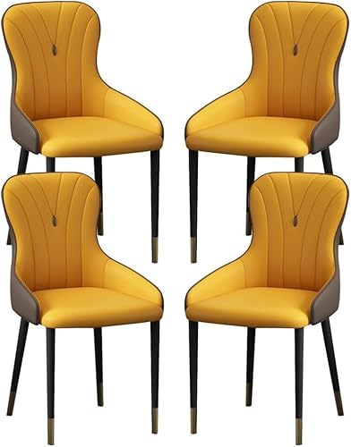 OZSSLJJ Küchen-Beistellstuhl, 4-teiliges Set, moderner Küchen-Esszimmerstuhl, Nappaleder, hohe Rückenlehne, gepolsterter weicher Sitz, Arbeitszimmer-Loungesessel(Yellow+Coffee,Black Gold Legs) von OZSSLJJ