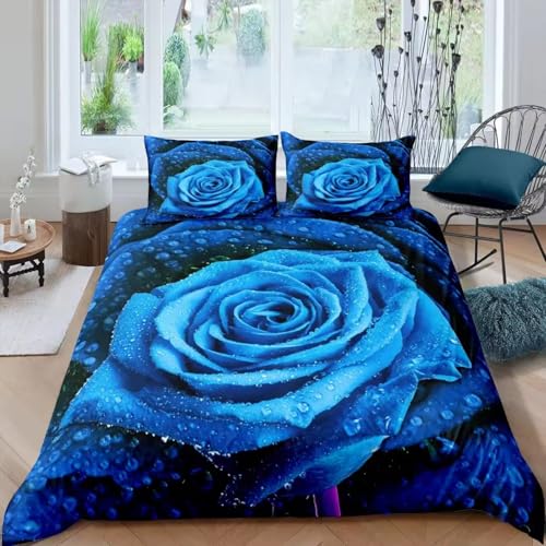 Bettwäsche Rosen Blau Blumen Muster Bettbezug Set 3D Romantische Blume Blaue Rosen Mikrofaser Bettbezug mit 2 Kissenbezug 80x80 cm (A06,200x200cm/80x80cm) von OakiTa