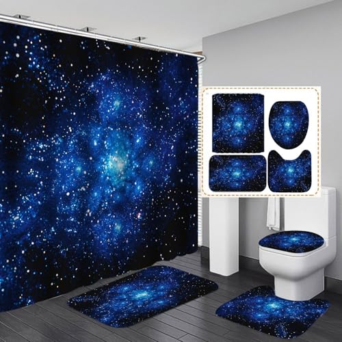 OaKita 4Pcs Blaue Galaxie Duschvorhang Sternenhimmel Violett Duschvorhang-Set Wasserdichter Stoff, Polyester Badezimmer-Dekor-Set mit 12 Haken (A02,90 x 180 cm) von OaKita