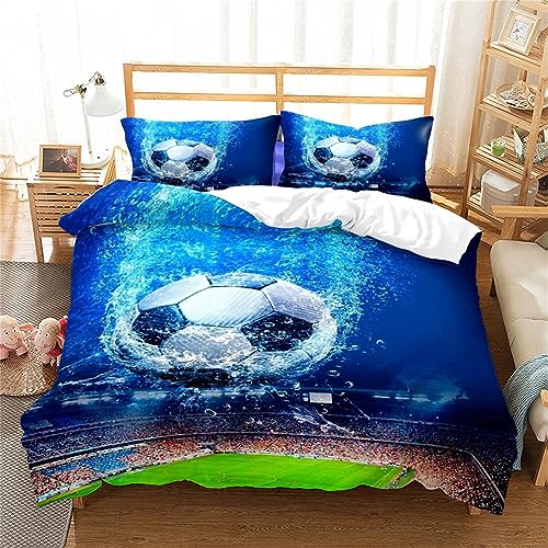 OaKita Fußball Bettwäsche-Set,Fußball Gedruckt Kinder Junge Bettbezug Set Blau Microfaser Bettbezug mit Kissenbezug 80x80cm,Zipper Öffnen und Schließen (A01,135x200cm/80x80cm) von OaKita