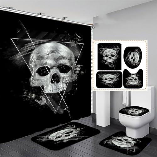 OaKita Halloween Totenkopf Duschvorhang 4pcs Skelett Toilettendeckelabdeckung Badematte Skull Duschvorhang Wasserdichter Stoff Badezimmer-Dekor-Set Mit 12 Haken (A01,180 x 180 cm) von OaKita