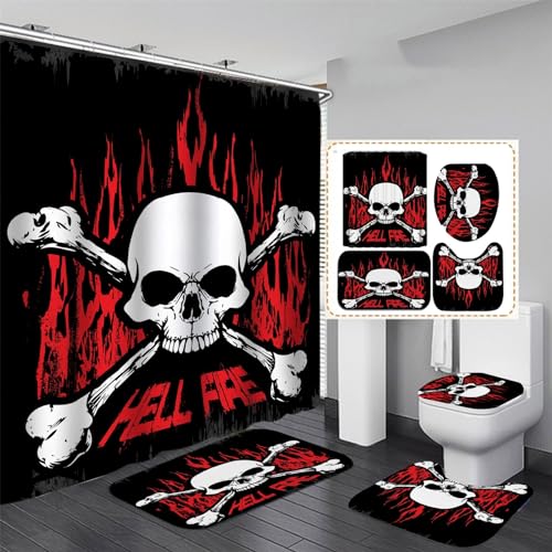 OaKita Halloween Totenkopf Duschvorhang 4pcs Skelett Toilettendeckelabdeckung Badematte Skull Duschvorhang Wasserdichter Stoff Badezimmer-Dekor-Set Mit 12 Haken (A02,180 x 200 cm) von OaKita