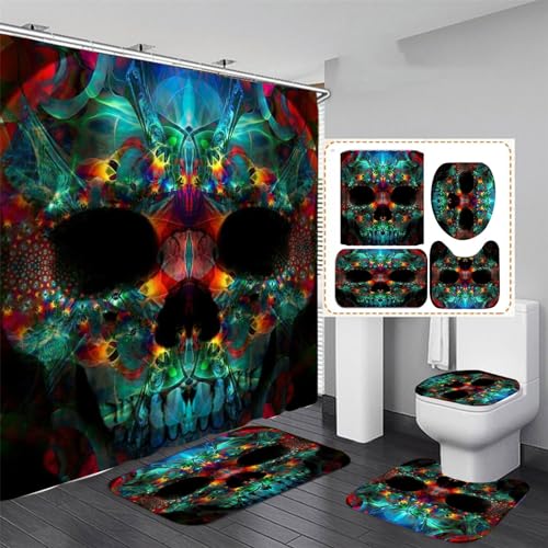 OaKita Halloween Totenkopf Duschvorhang 4pcs Skelett Toilettendeckelabdeckung Badematte Skull Duschvorhang Wasserdichter Stoff Badezimmer-Dekor-Set Mit 12 Haken (A04,90 x 180 cm) von OaKita