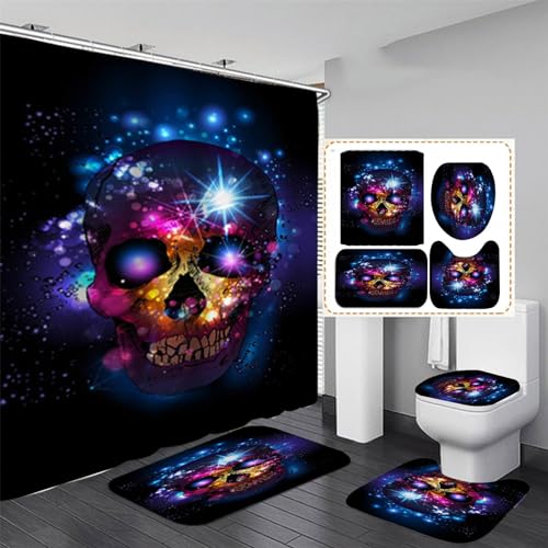 OaKita Halloween Totenkopf Duschvorhang 4pcs Skelett Toilettendeckelabdeckung Badematte Skull Duschvorhang Wasserdichter Stoff Badezimmer-Dekor-Set Mit 12 Haken (A06,150 x 180 cm) von OaKita