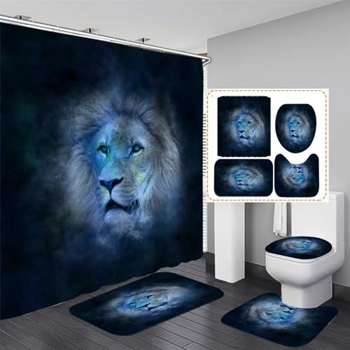 OaKita Lion Duschvorhang Tiger-Motiv wasserdichter Stoff Schwarz Badezimmer-Dekor-Set mit Haken,4-teiliges Duschvorhang-Set Toilettendeckelabdeckung Badematte (A03,180 x 200 cm) von OaKita