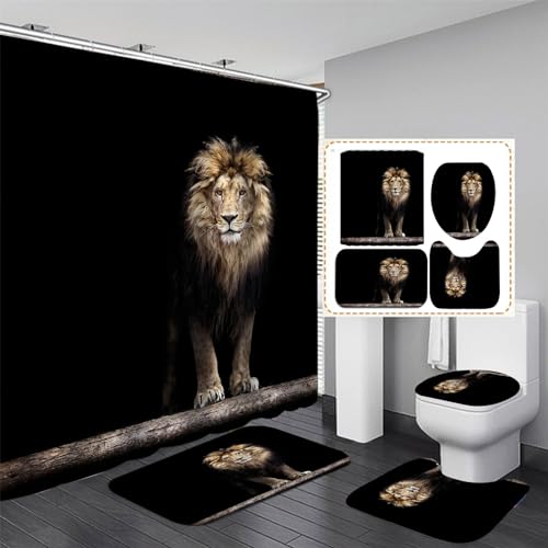OaKita Lion Duschvorhang Tiger-Motiv wasserdichter Stoff Schwarz Badezimmer-Dekor-Set mit Haken,4-teiliges Duschvorhang-Set Toilettendeckelabdeckung Badematte (A04,180 x 200 cm) von OaKita