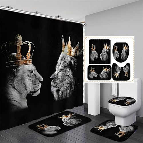 OaKita Lion Duschvorhang Tiger-Motiv wasserdichter Stoff Schwarz Badezimmer-Dekor-Set mit Haken,4-teiliges Duschvorhang-Set Toilettendeckelabdeckung Badematte (A05,165 x 180 cm) von OaKita