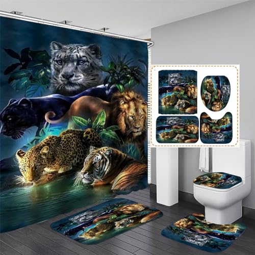 OaKita Tiger Duschvorhang,4pcs Duschvorhänge mit Tiger-Motiv Badezimmer-Sets Wasserdichter Stoff Badezimmer mit 12 Haken Teppiche Badematten WC-Teppich (A08,90 x 180 cm) von OaKita