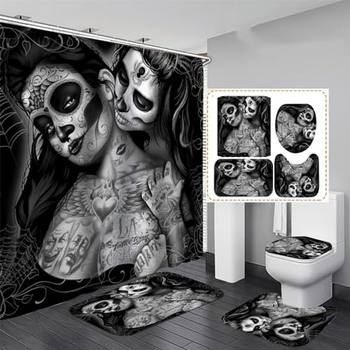 OaKita Totenkopf Duschvorhang Blumen Rose Skull Duschvorhang Skelett Wasserdichter Stoff, Badezimmer-Dekor-Set Mit Haken,4pcs Toilettendeckelabdeckung Badematte (A02,180 x 200 cm) von OaKita